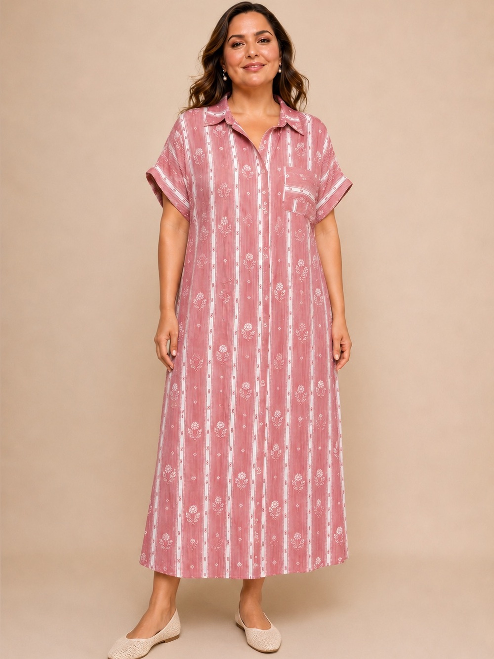NWT Polagram Crimson Floral Stripe Button Front Ankle Length Shirt Dress 2X